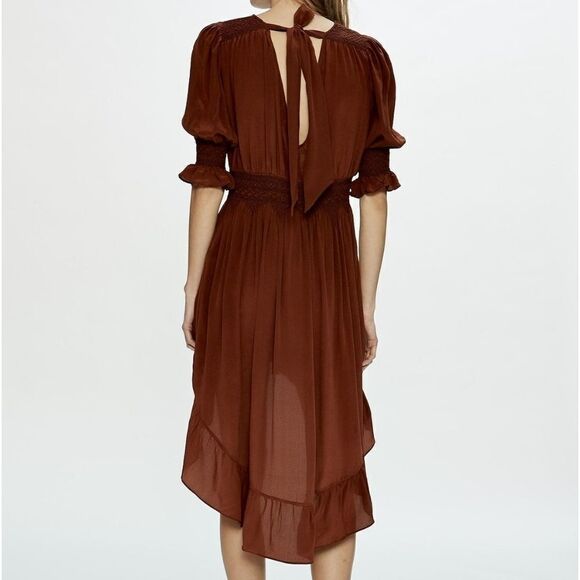 Love Sam Blixen Smocked Dress Cognac Silk Boho - Picture 8 of 12